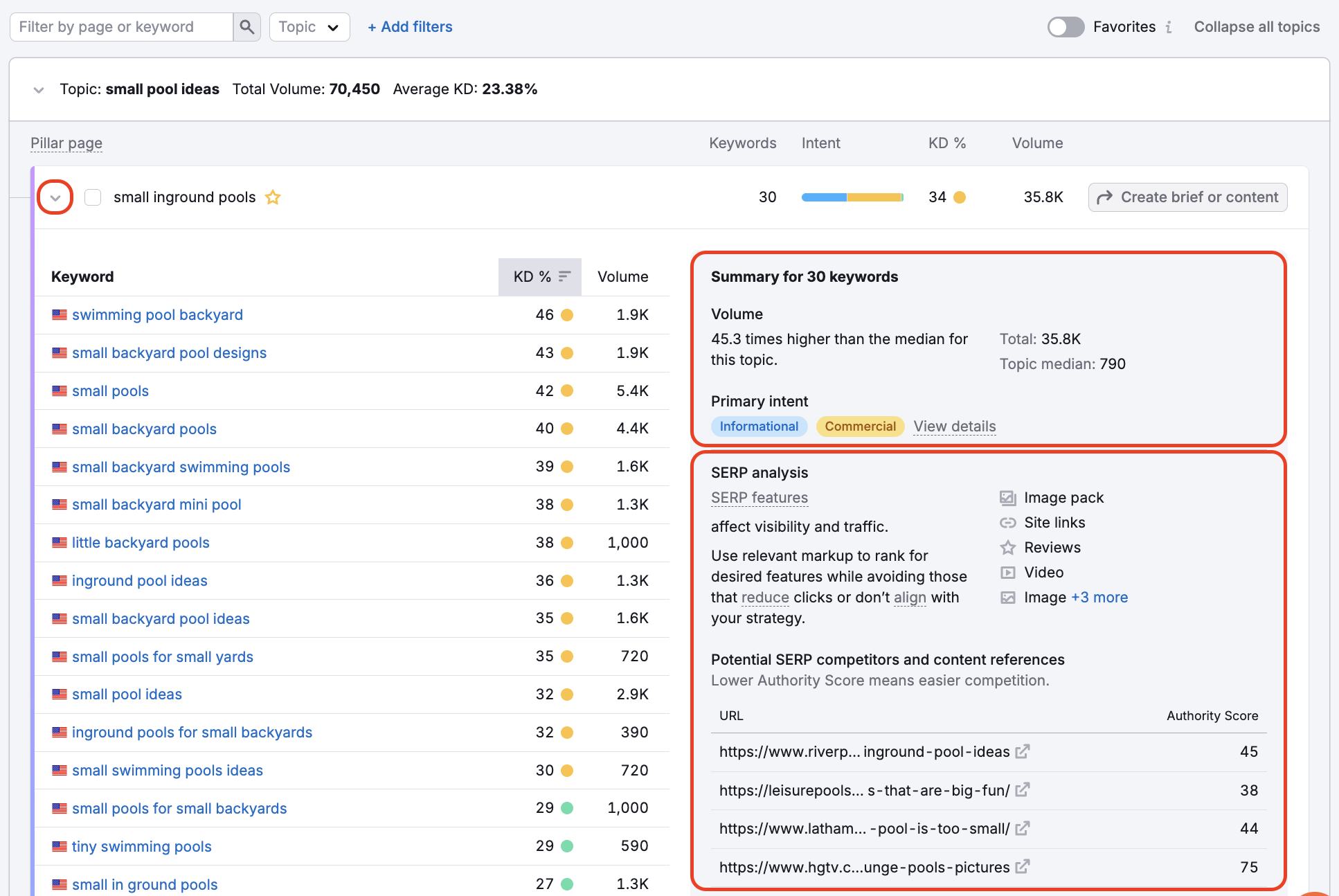 Under each topic, expandable drop-downs reveal individual pages and keywords related to the topic, along with their metrics and SERP features.