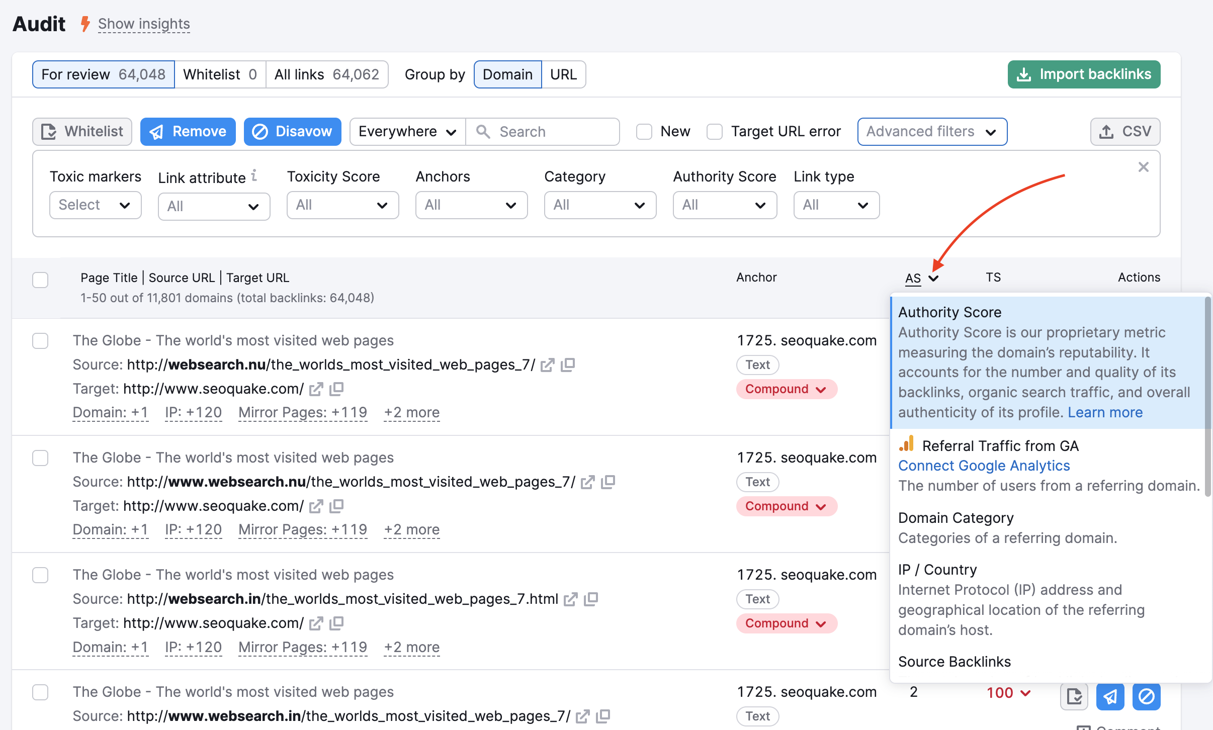 Audit tab in Backlink Audit. A cursor is hovering over the AS column header which opens the dropdown menu of metrics to choose for display: Authority Score, Referral Traffic from GA, Domain Category, IP/Country, Source Backlinks, Referring Domains, and more.