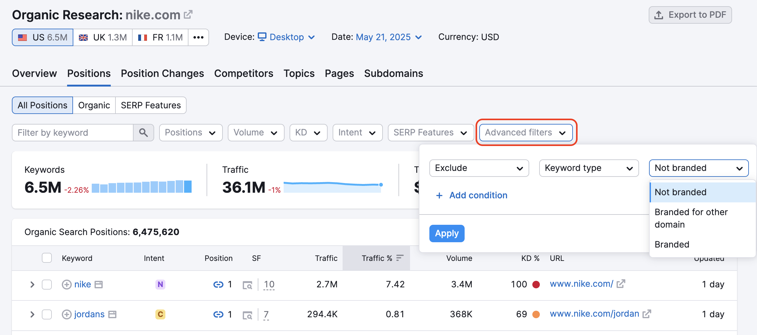 Organic Research Positions report. In this example, Advanced filters menu on the right side is activated and highlighted to make is easier to find among other filters. In the Advanced filters menu, the following parameters are selected: Exclude, Keyword type, Branded (option to switch between branded and non-branded is also available).