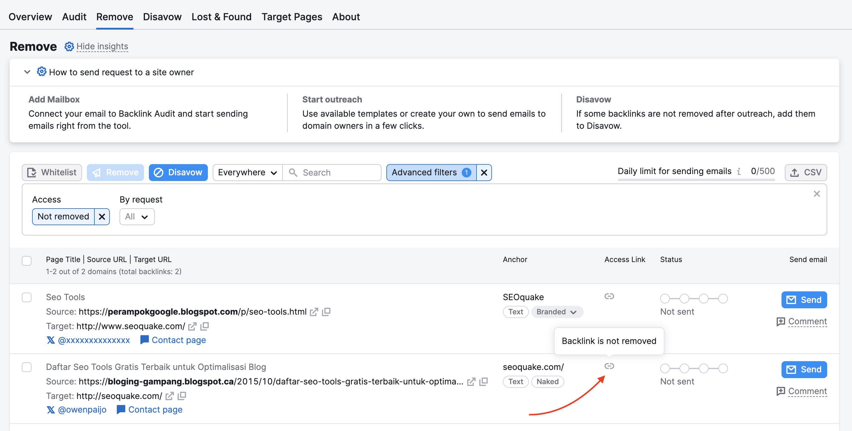 The Remove report in Backlink Audit: a red arrow is pointing to the symbol in the Access Link column and the pop-up says Backlink is not removed.