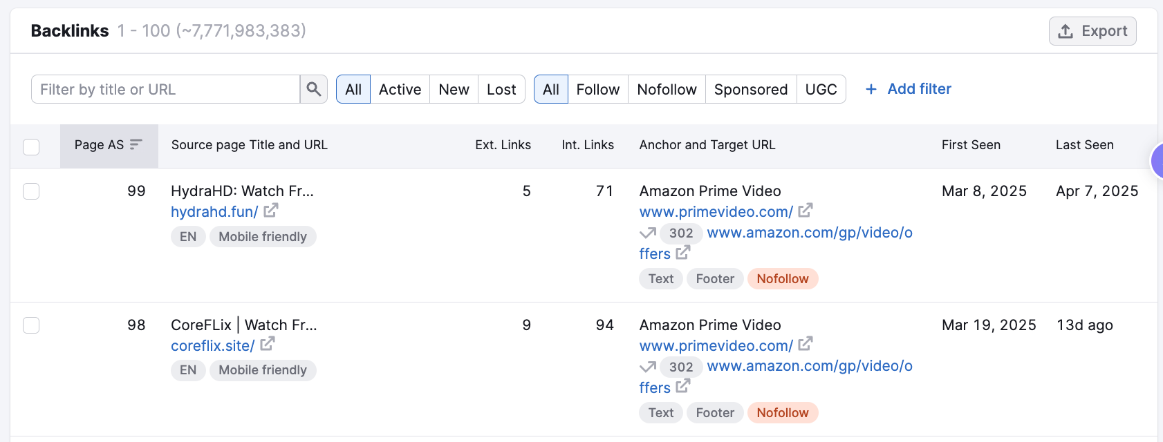 An example of the Backlinks table.