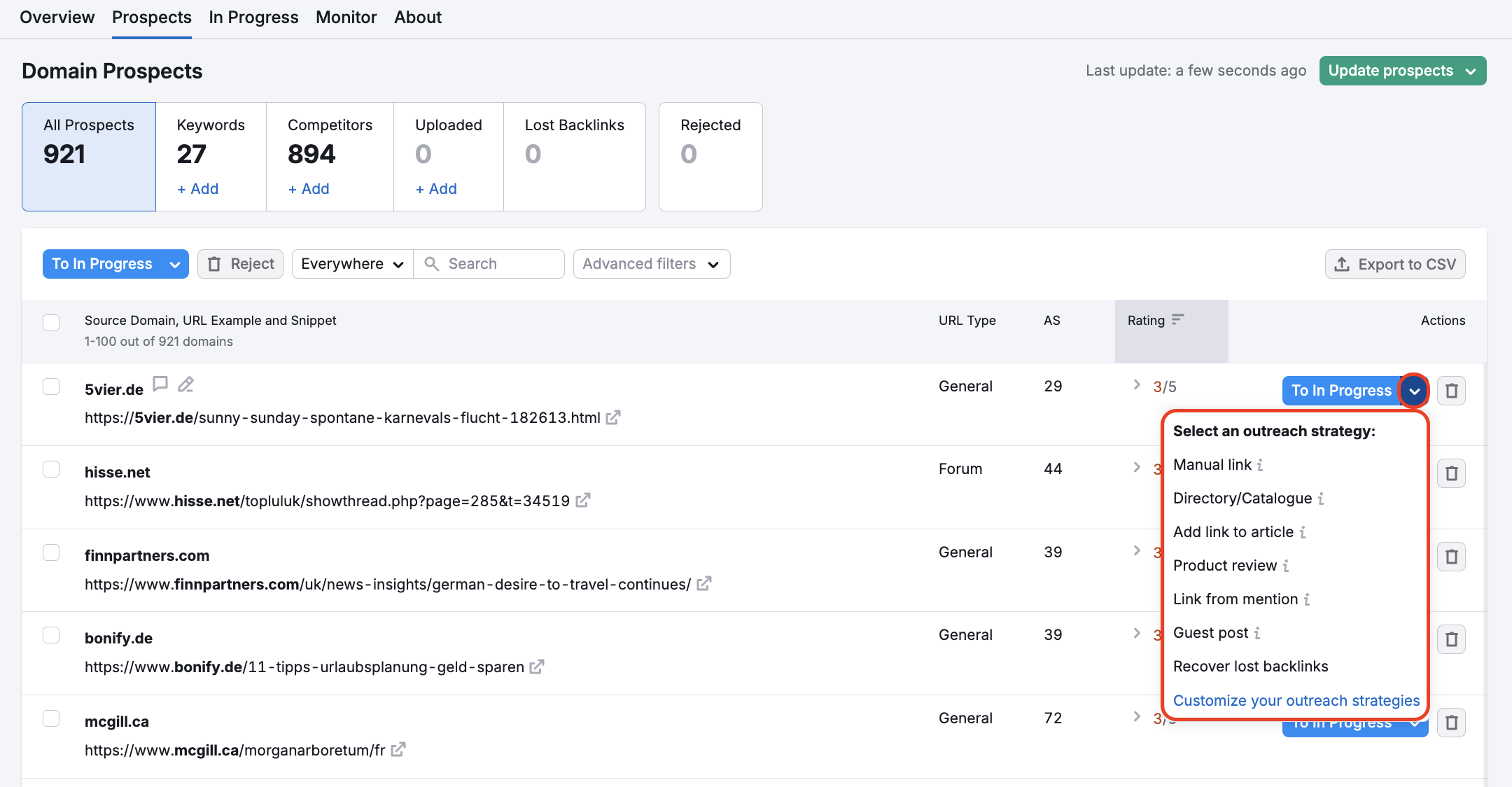 Link Building Prospects tab is open, with the To In Progress button highlighted.