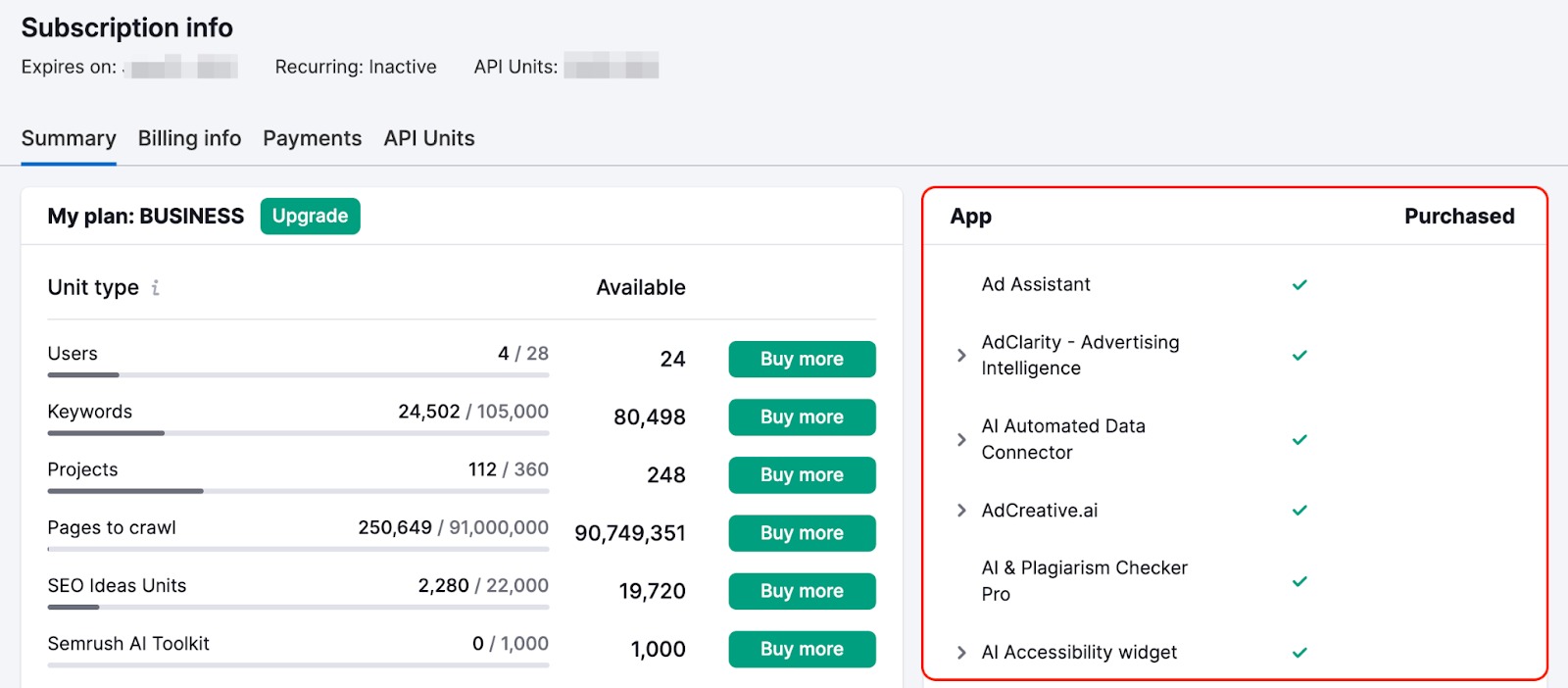 Subscription Info page showing the Apps section highlighted.