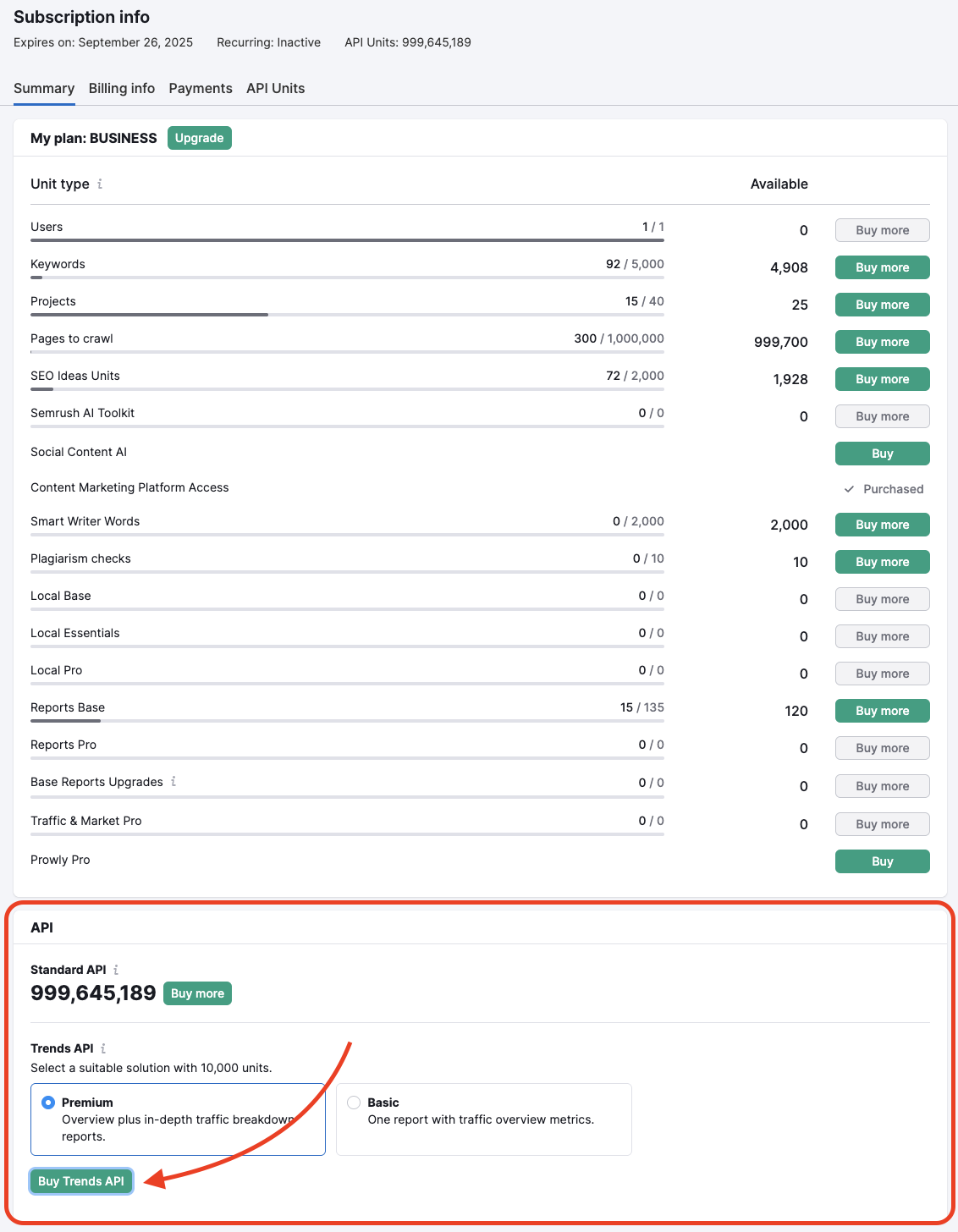 The Subscription info page with the Trends API section highlighted.