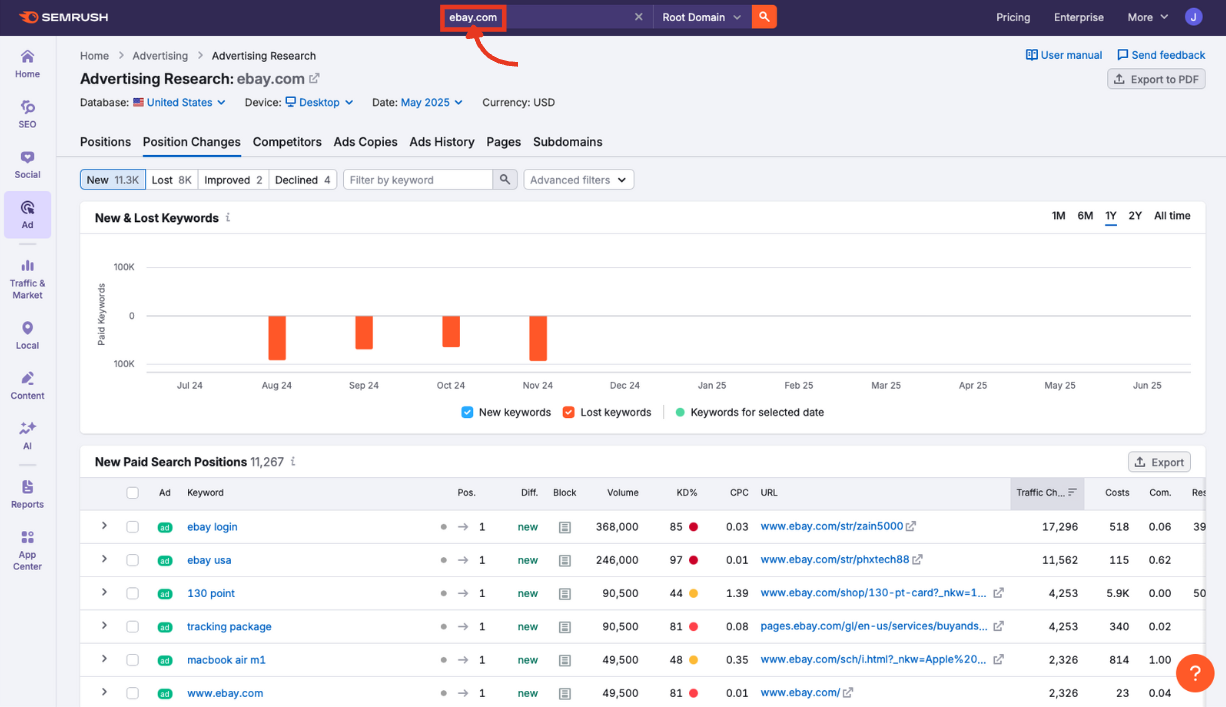 Search bar in Advertising Research with a competitor domain entered.