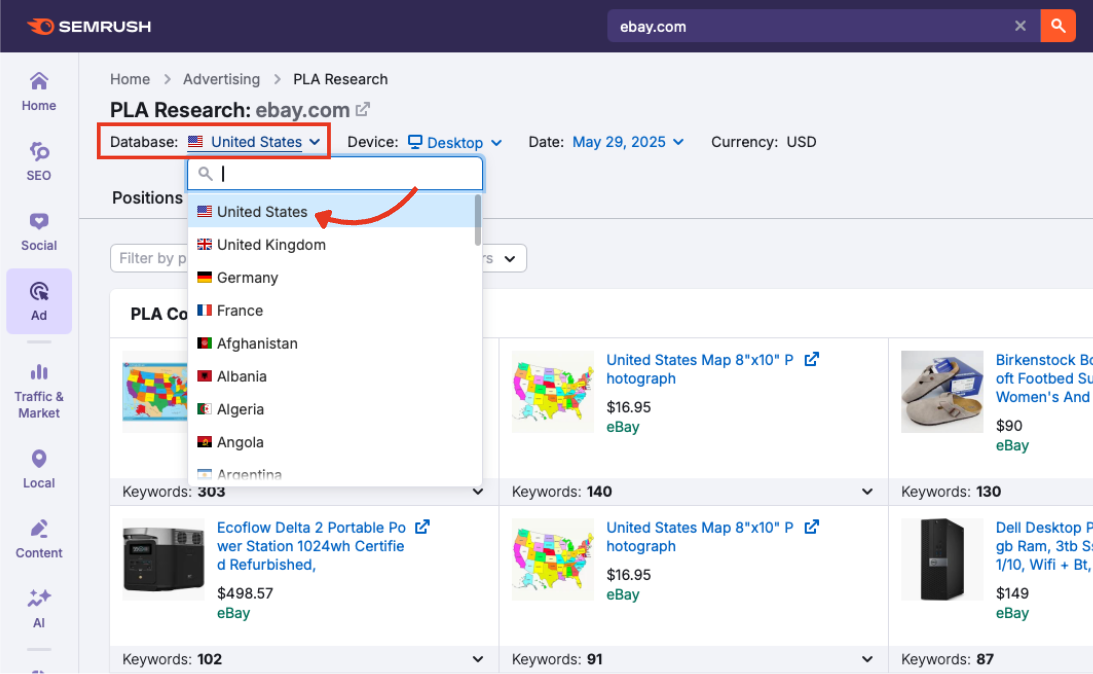 Database dropdown showing country options in the PLA Copies interface.