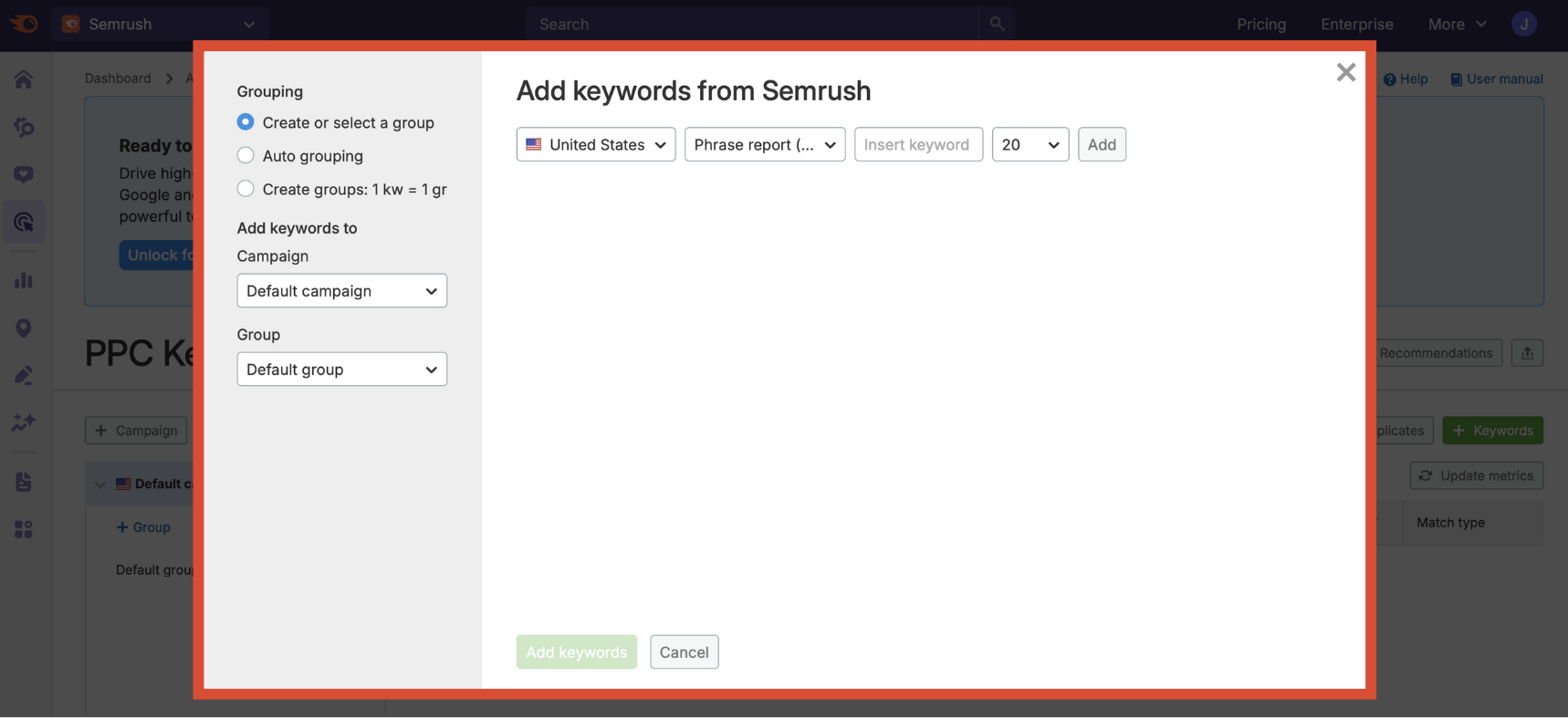 Semrush keyword import menu with options to select report type and insert keyword.