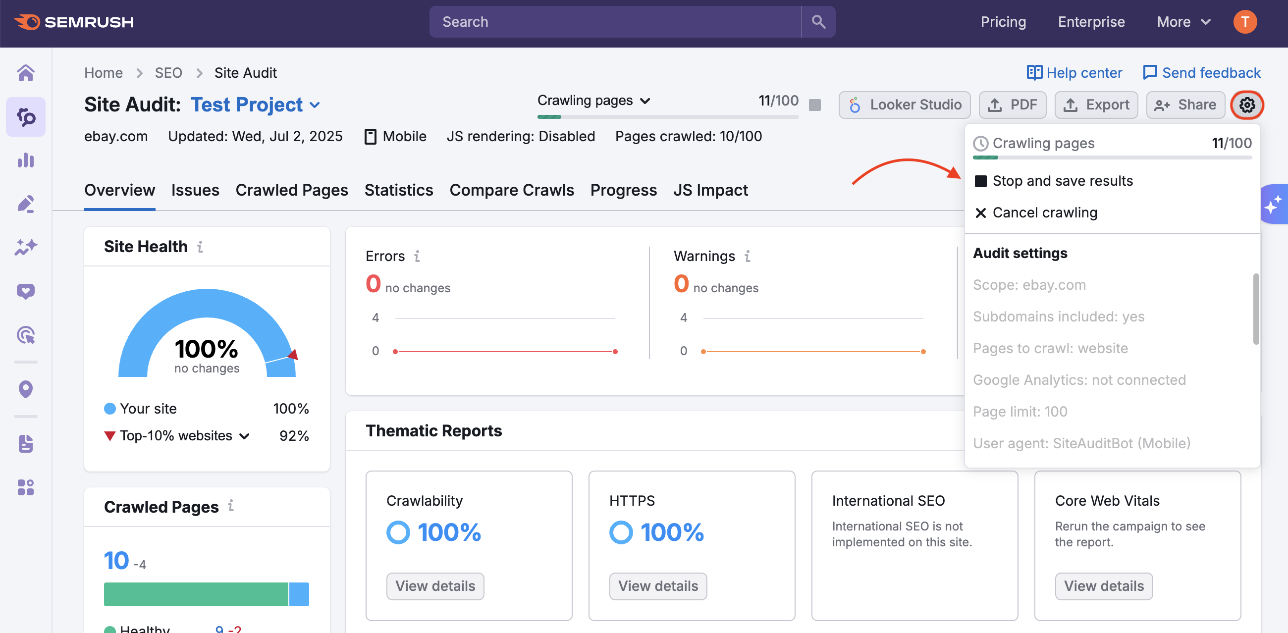 Second option to stop the Site Audit before it is complete.