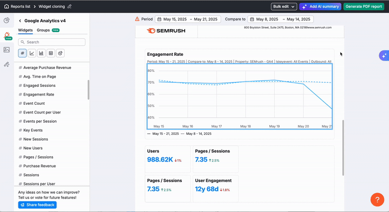 Widget settings menu open from the gear icon with the Duplicate option selected. A copy of the widget appears below the original with identical settings and size.