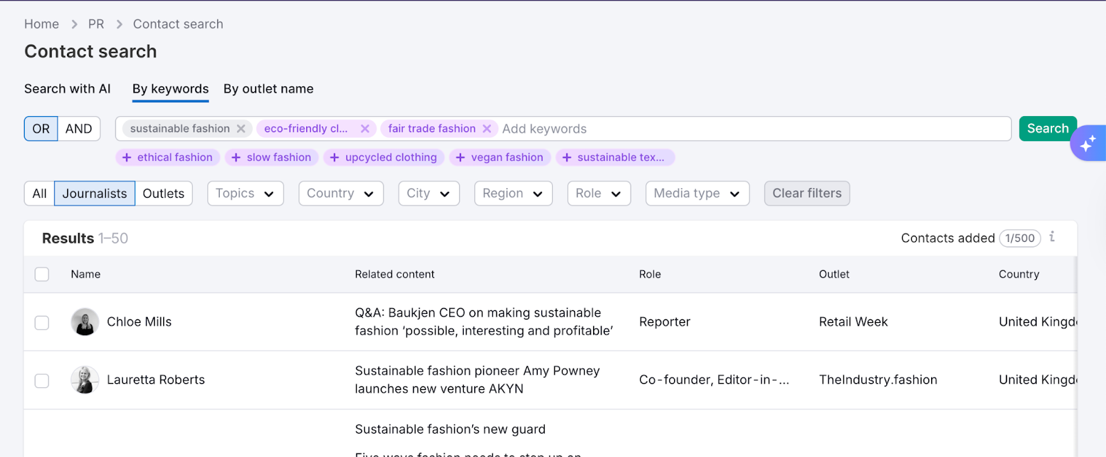 Finding contacts and outlets through keyword search image 1
