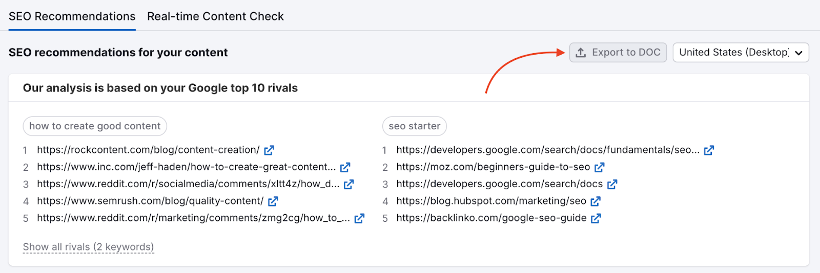 SEO recommendations panel with an arrow pointing to the &ldquo;Export to DOC&rdquo; button.