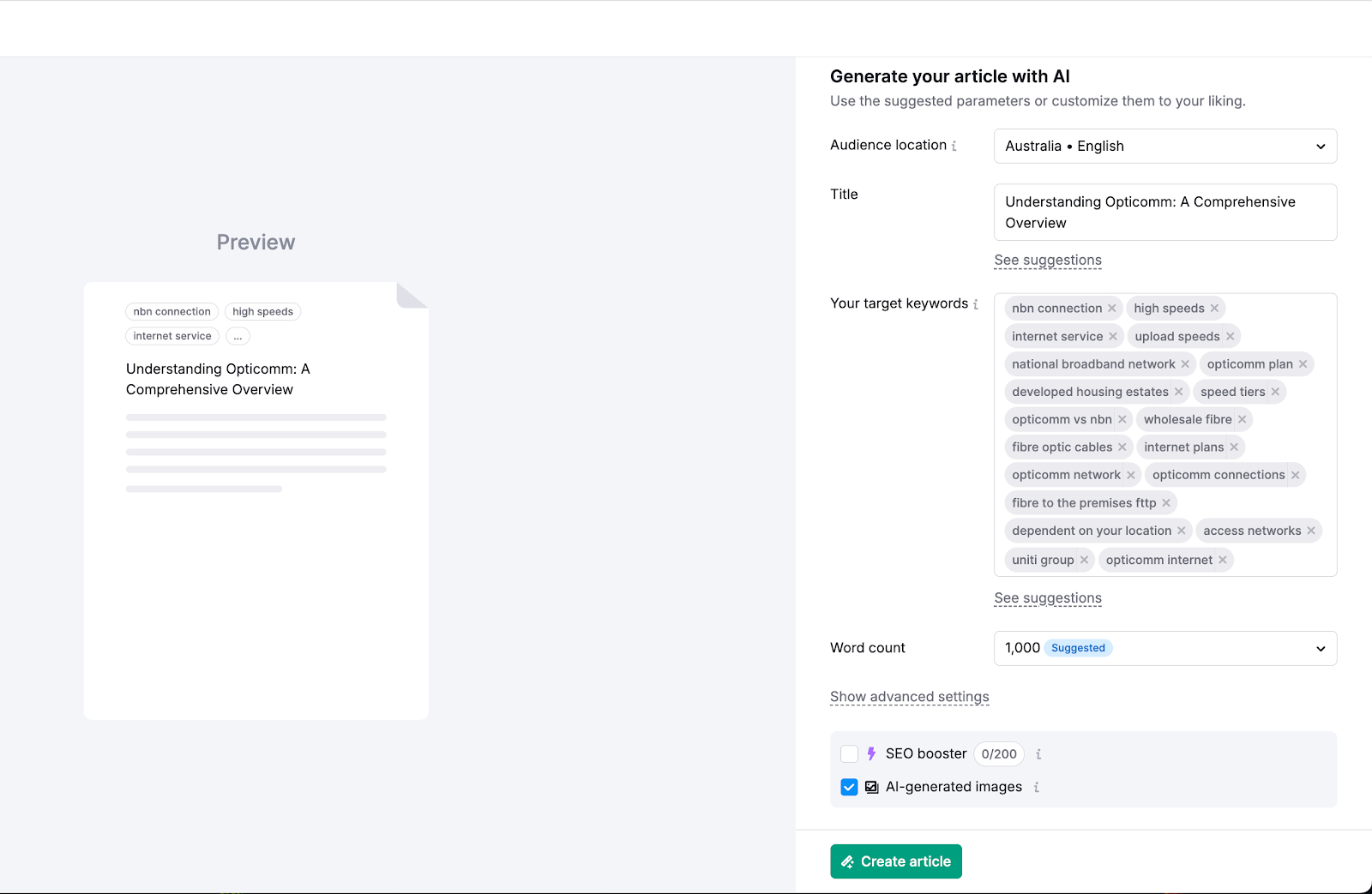 AI Article Generator setup showing pre-filled keywords, word count, and brand voice options.