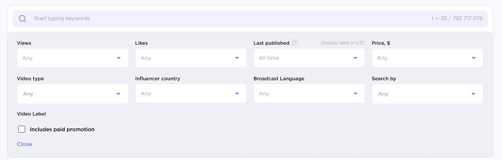 The video filter options which are available.