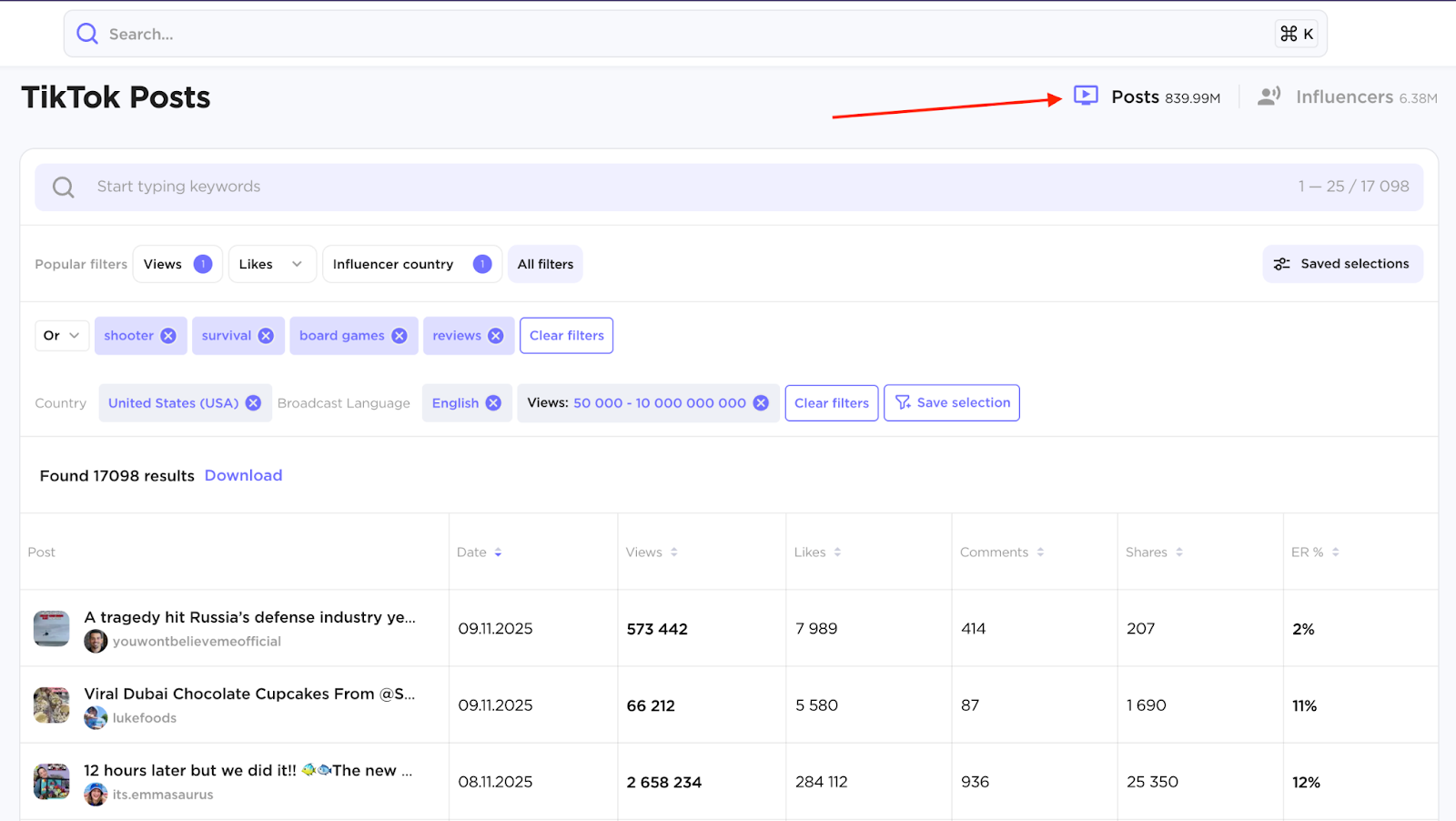 Search by keywords page for TikTok Posts.