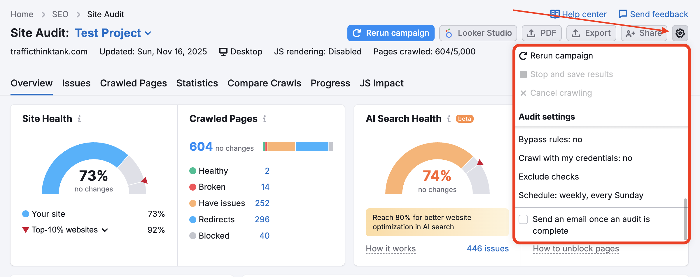 Where to find the settings in Site Audit.