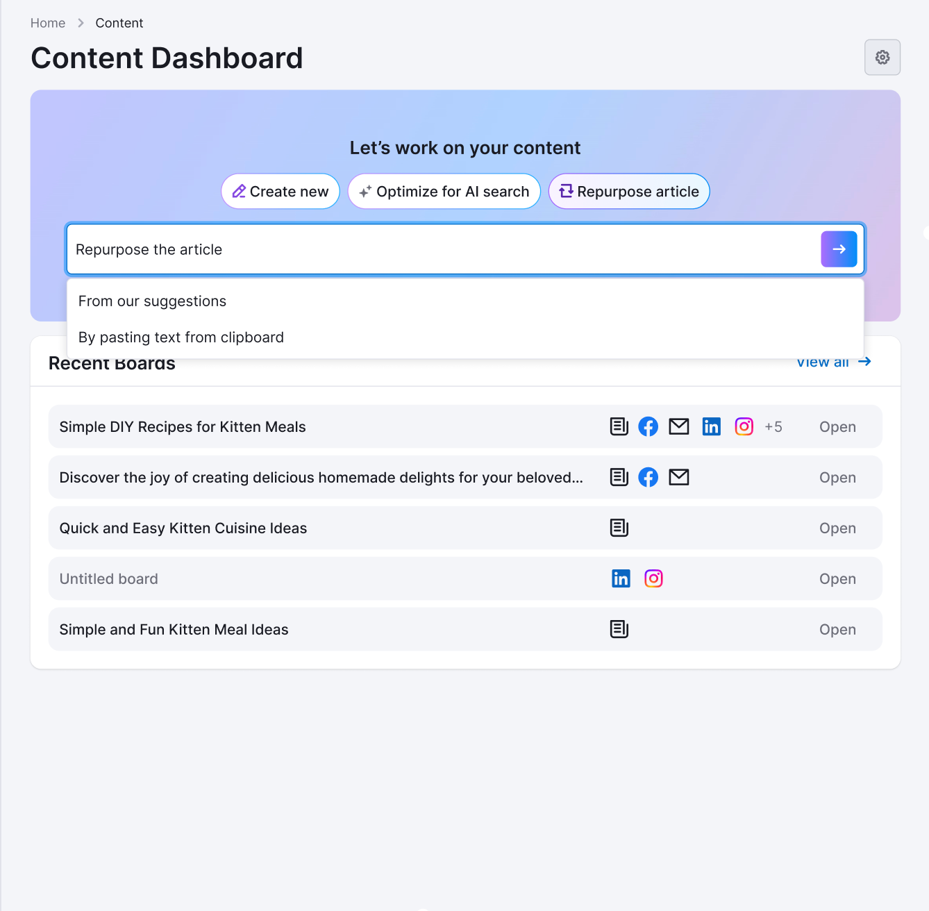 Dashboard view highlighting the Repurpose article workflow in the Content Toolkit.