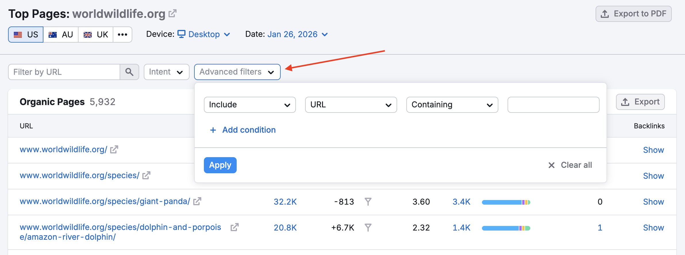 An example of the Advanced filters menu.